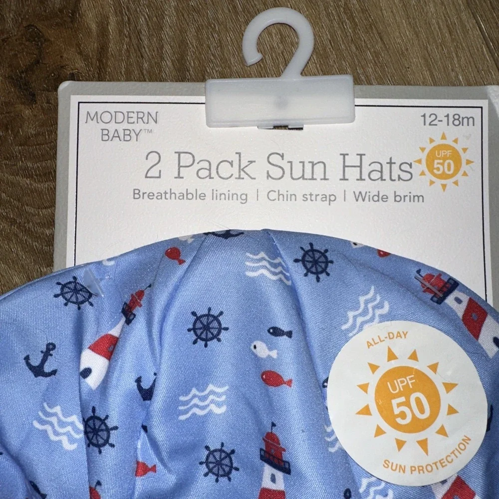 Modern Baby 2 Pack Sun Hats Breathable Lining Chin Strap Wide Brim 12-18 Mo UPF‎